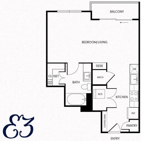 Floor plan for studio, 1 bath, 568 sqft